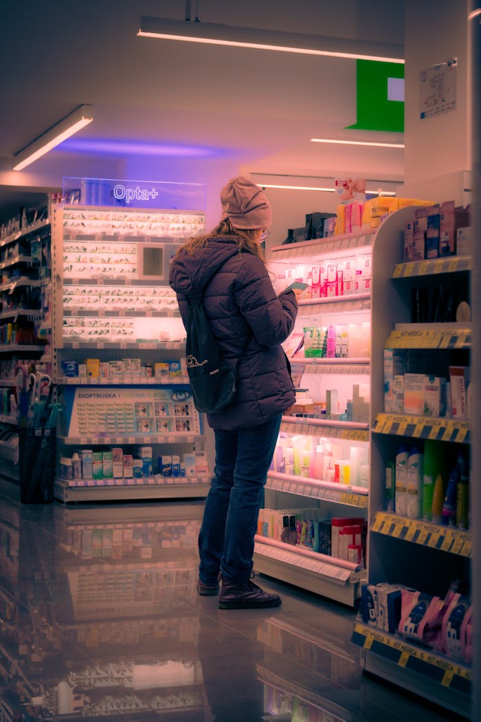 A woman browsing skincare products in a pharmacy in Belgrade.